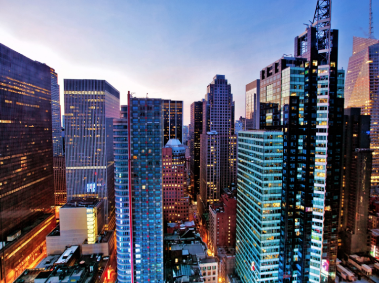 View of City Buildings at Sunset